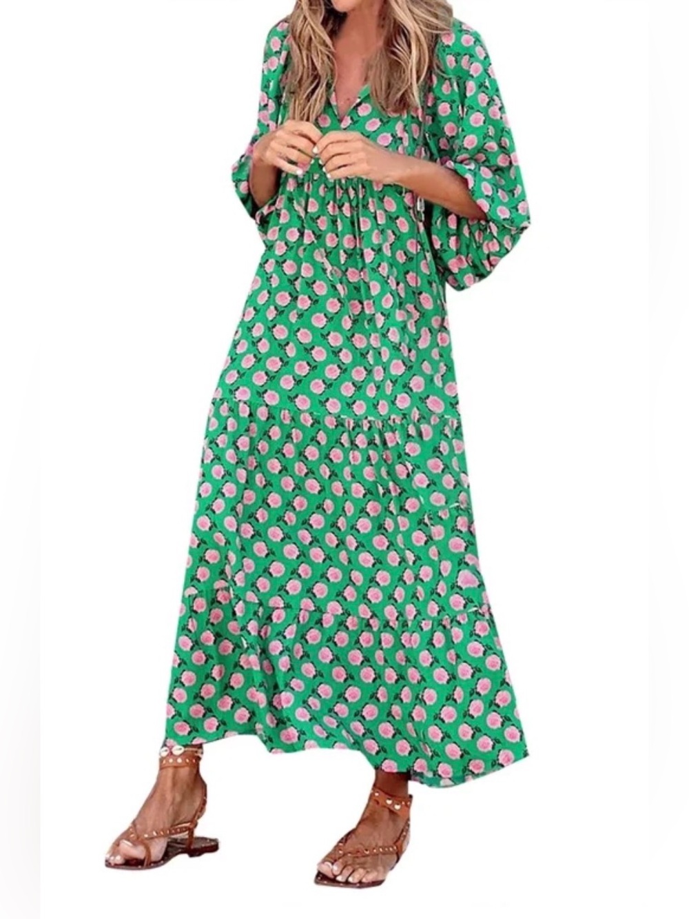 Floral Maxi Dress in Green & Pink Size Small